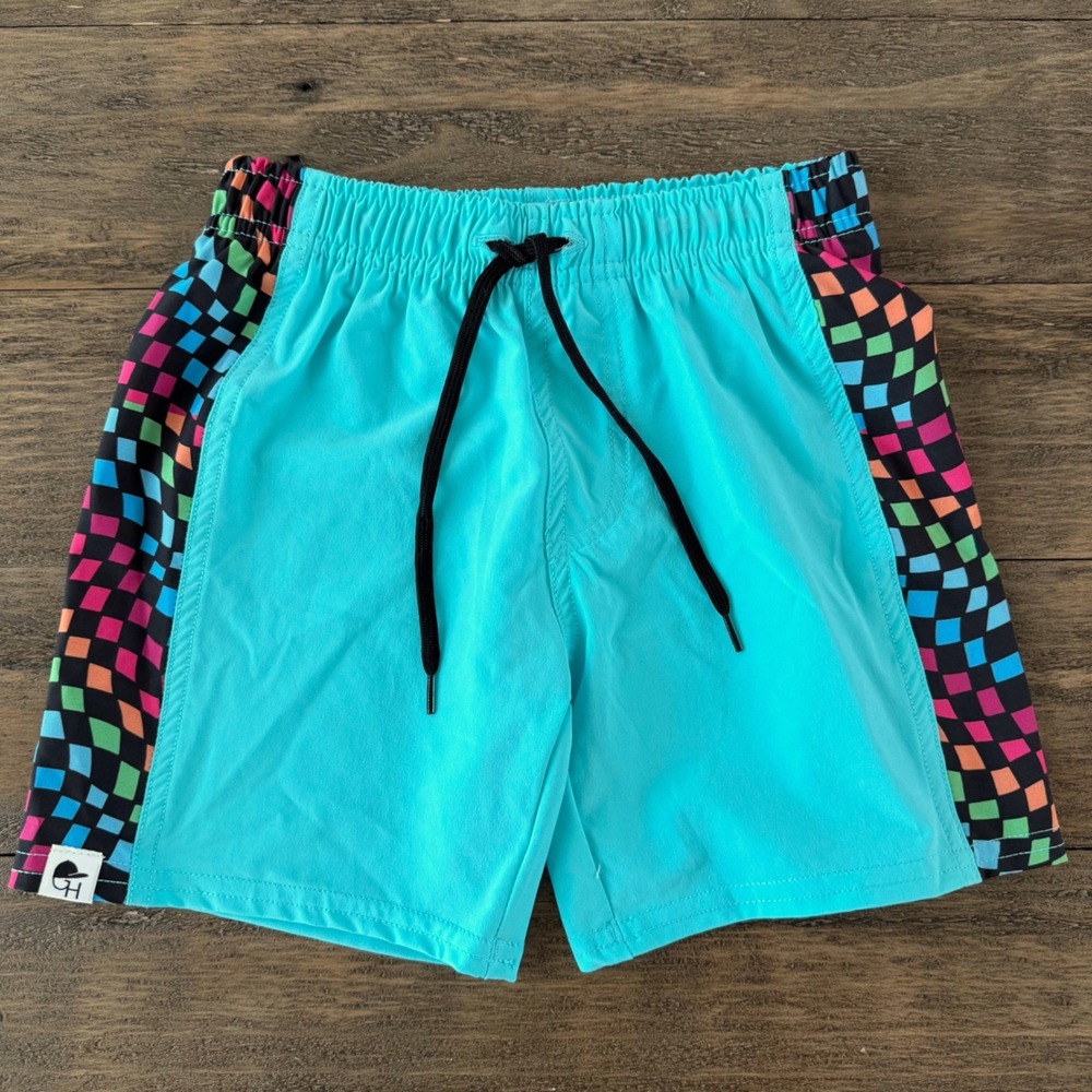 George Hats Kids Hybrid Swim Shorts Turquoise Neon Checkerboard UPF 50+ Size 6-7
